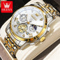 OLEVS classic multifunctional watches with gold and silver stainless steel band and detailed white dial