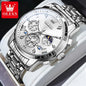 OLEVS silver stainless steel classic multifunctional watches with detailed white dial and date display