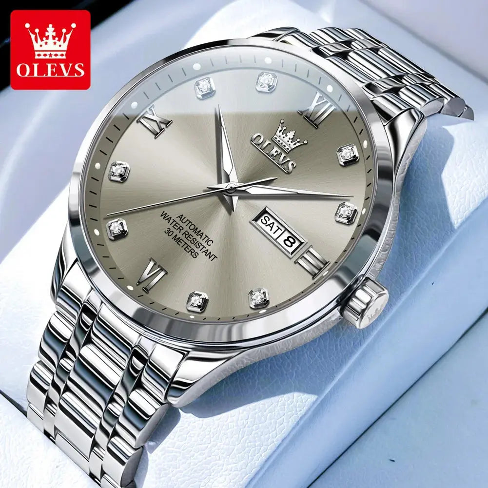 OLEVS diamond business watch with silver stainless steel band and automatic water-resistant design