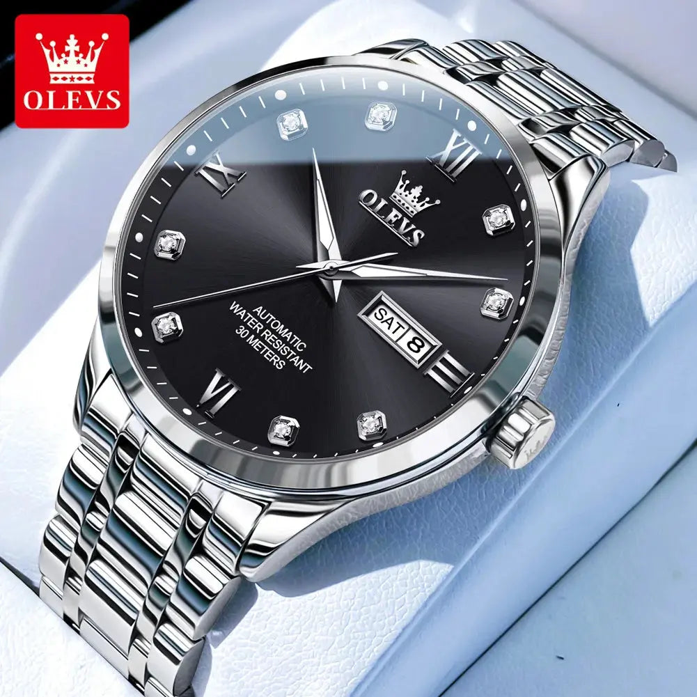OLEVS diamond business watch with black dial and silver metal strap by Alcom Distribution