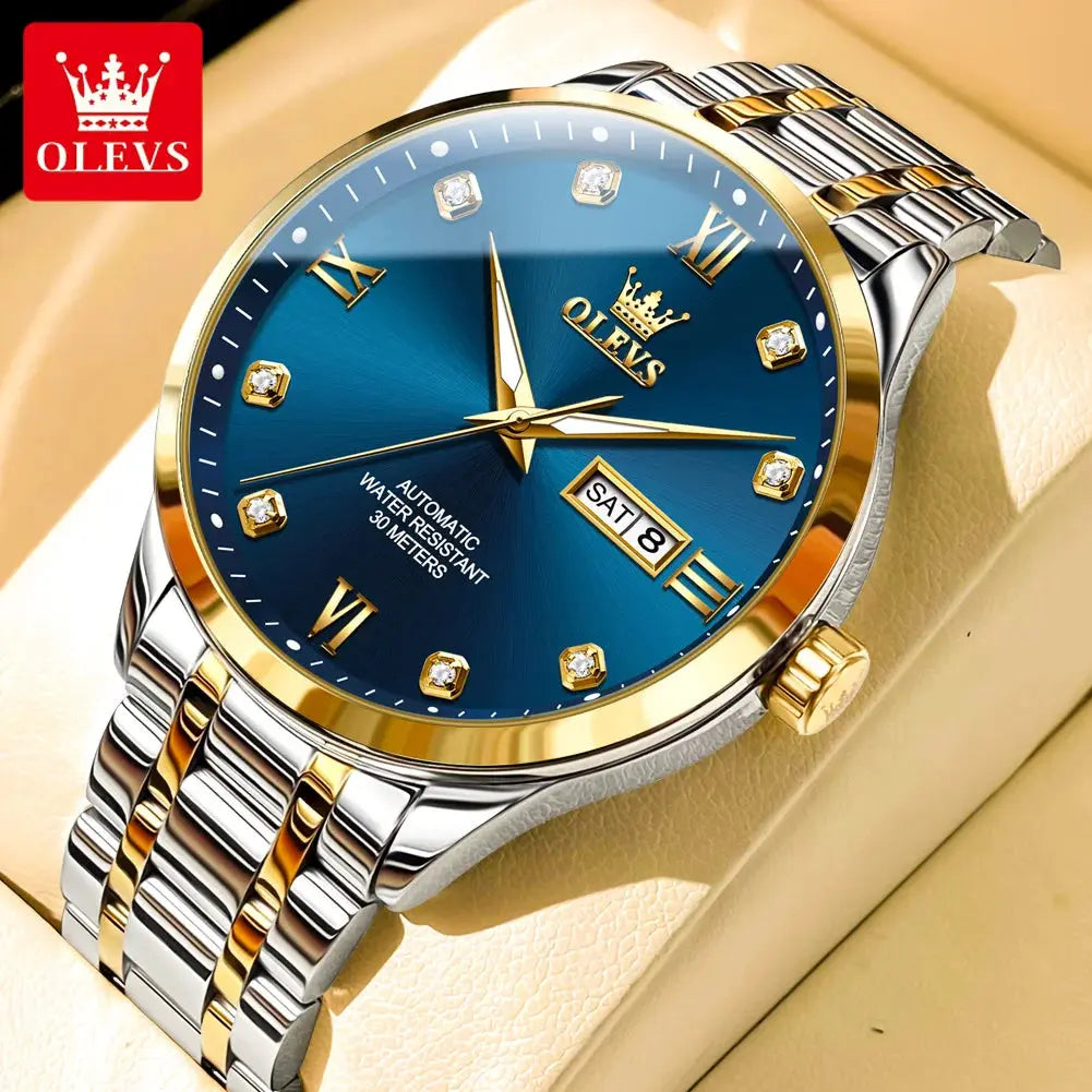 OLEVS diamond business watch with blue dial and silver gold two-tone metal band from Alcom Distribution