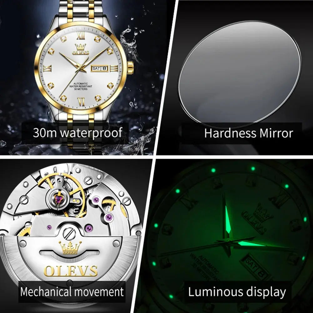 OLEVS diamond business watch with waterproof design, hardness mirror, mechanical movement, and luminous display