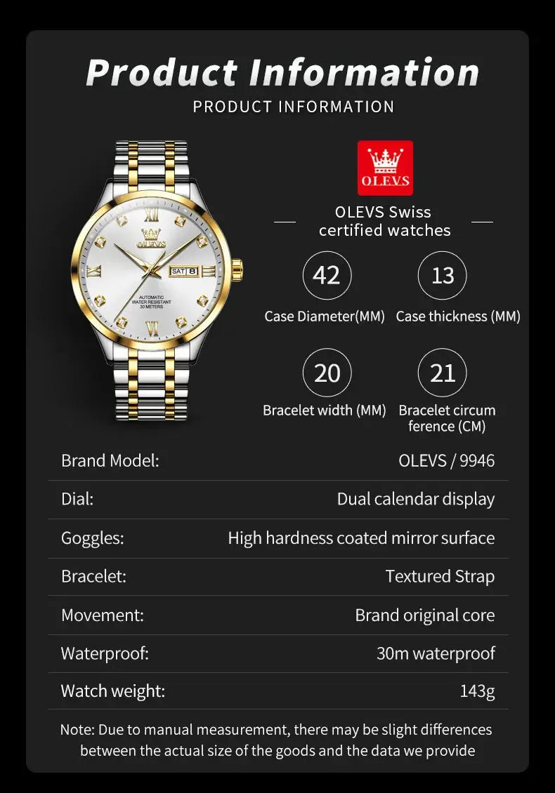 OLEVS diamond business watch with dual calendar display and two-tone textured strap