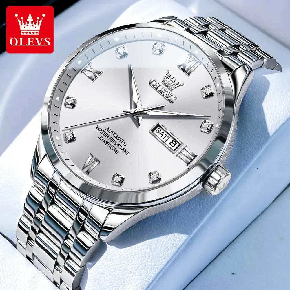 OLEVS diamond business watch with silver metal band and diamond markers on white dial