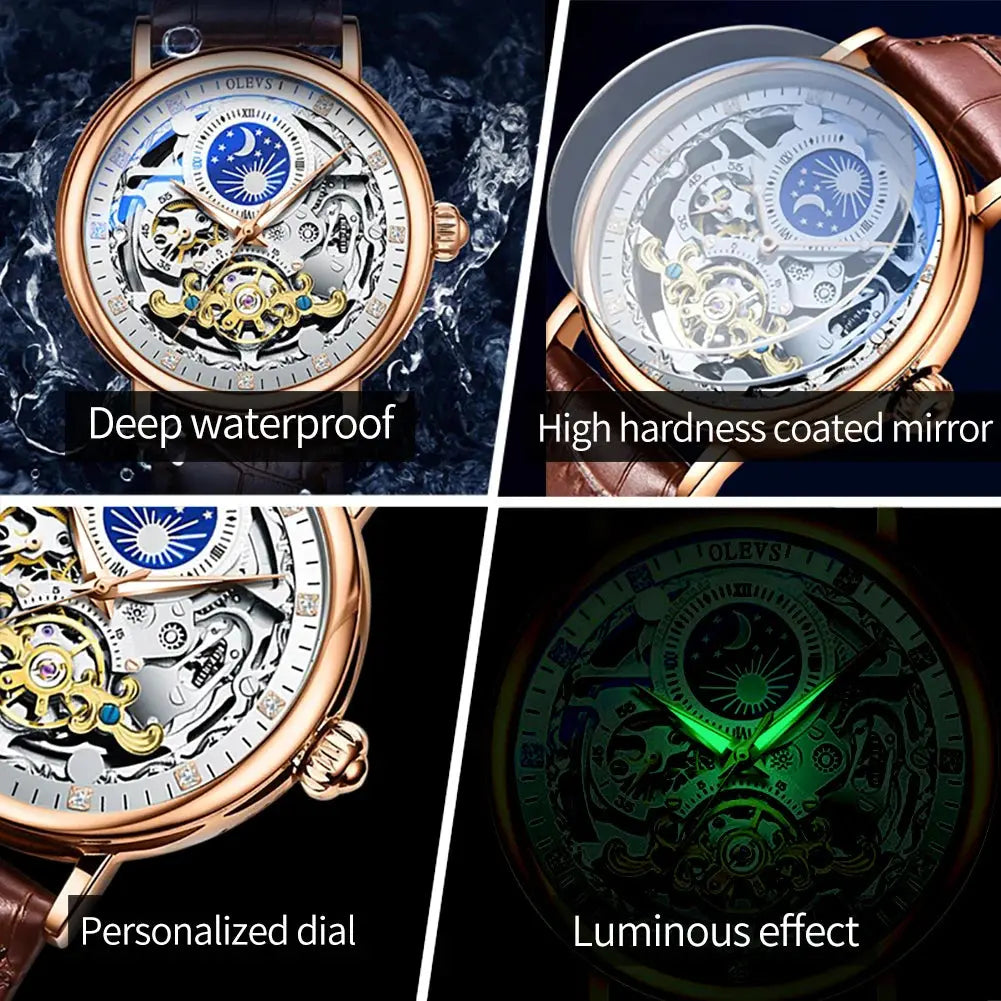 Luxury skeleton watch by Alcom Distribution with deep waterproof, high hardness coated mirror, personalized dial, and luminous effect