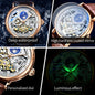 Luxury skeleton watch by Alcom Distribution with deep waterproof, high hardness coated mirror, personalized dial, and luminous effect