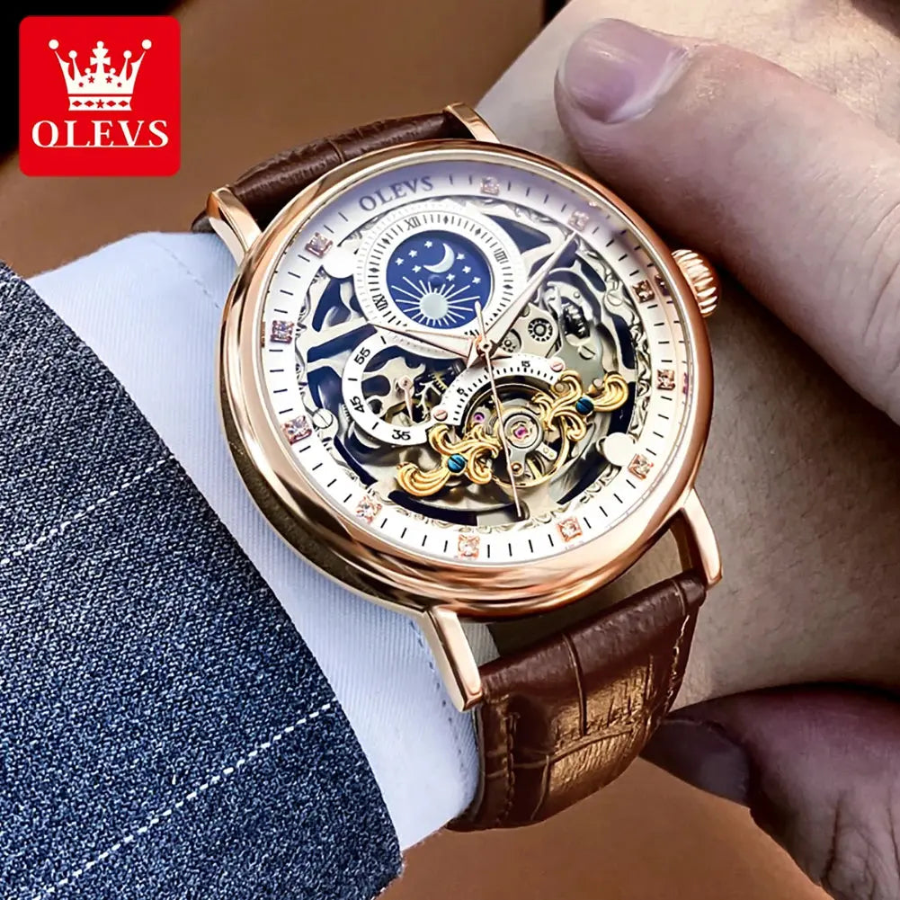 Alcom Distribution luxury skeleton watch with gold case and brown leather strap on wrist