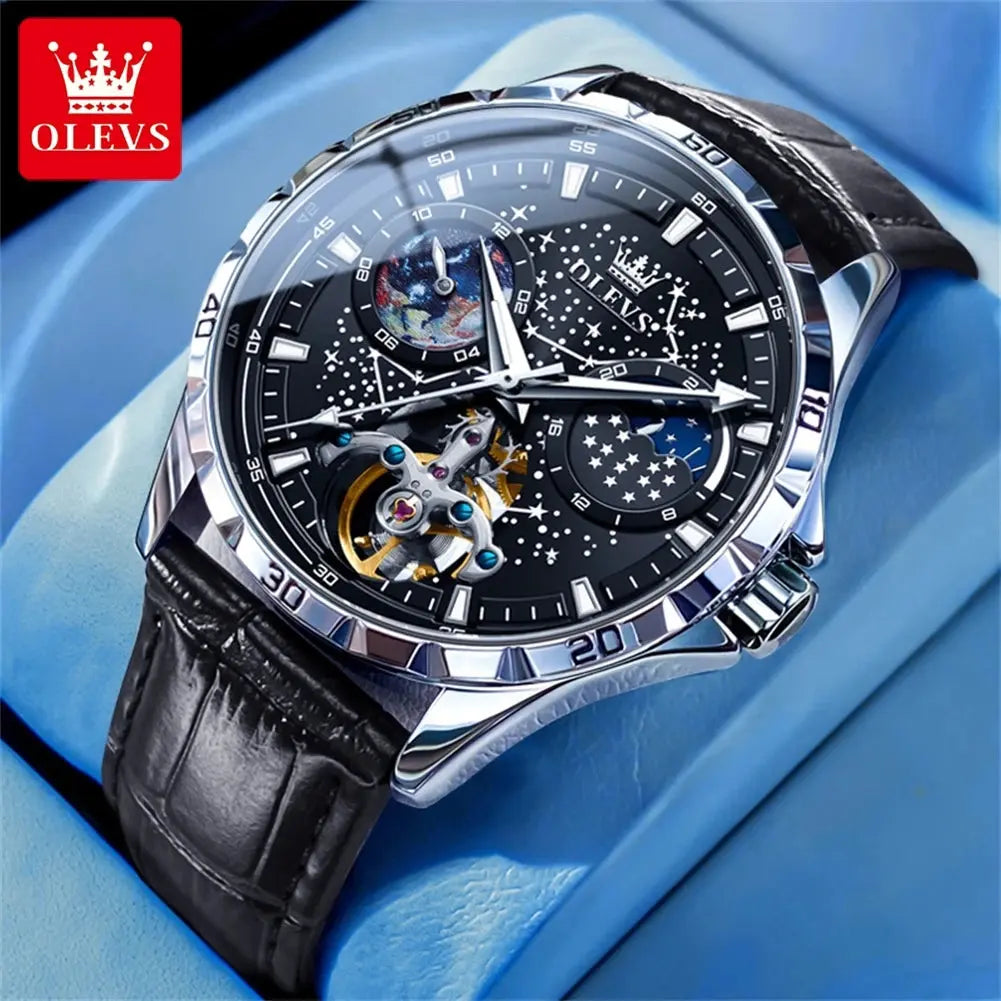 OLEVS mechanical watch for men with black starry dial and black leather strap by Alcom Distribution