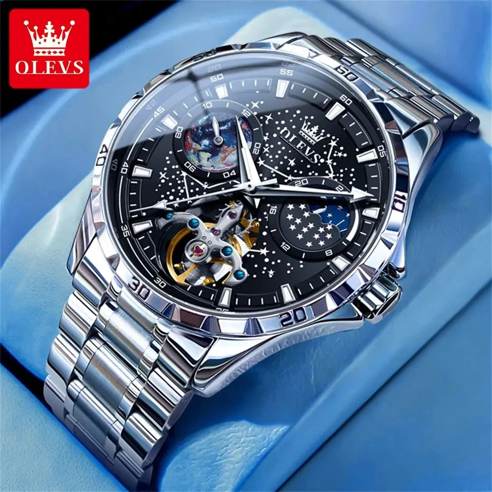 OLEVS mechanical watch for men with silver stainless steel band and black starry dial