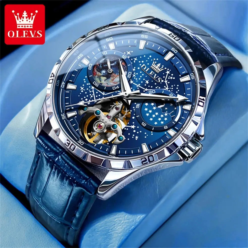 OLEVS mechanical watch for men with blue starry dial and leather strap from Alcom Distribution