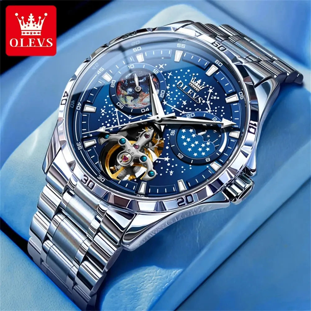 OLEVS mechanical watch for men with a silver metal band and blue starry dial by Alcom Distribution