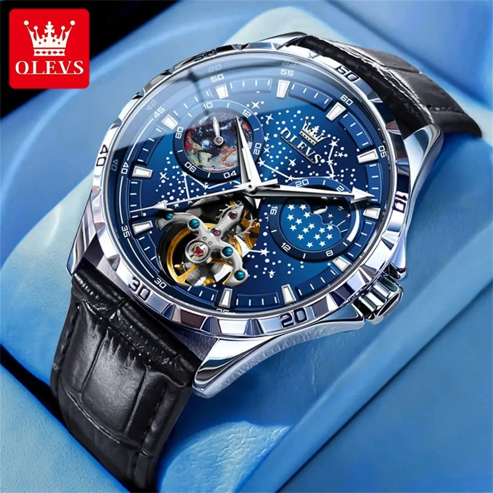 OLEVS mechanical watch for men with blue starry dial and black leather strap by Alcom Distribution