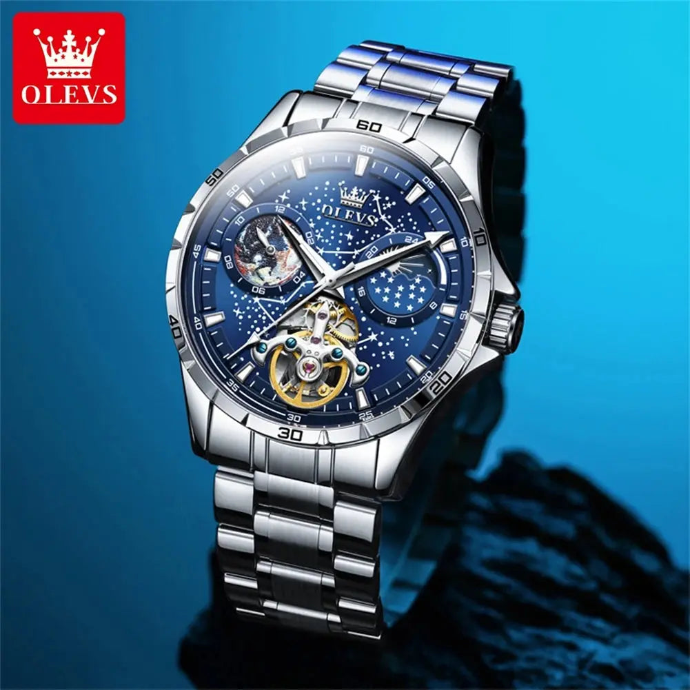 OLEVS mechanical watch for men with blue dial and stainless steel bracelet by Alcom Distribution
