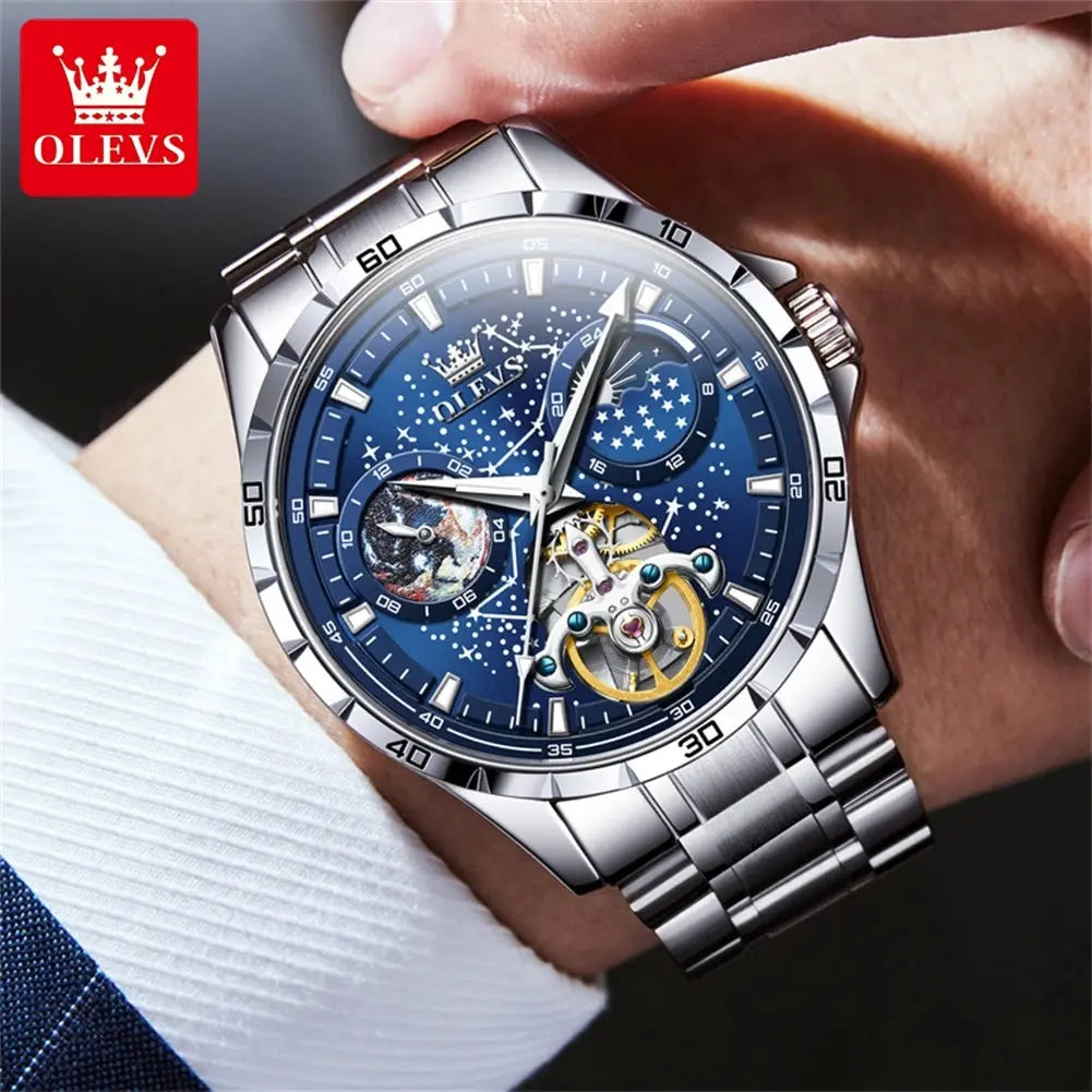 OLEVS mechanical watch for men with stainless steel band and blue dial showing open gear design