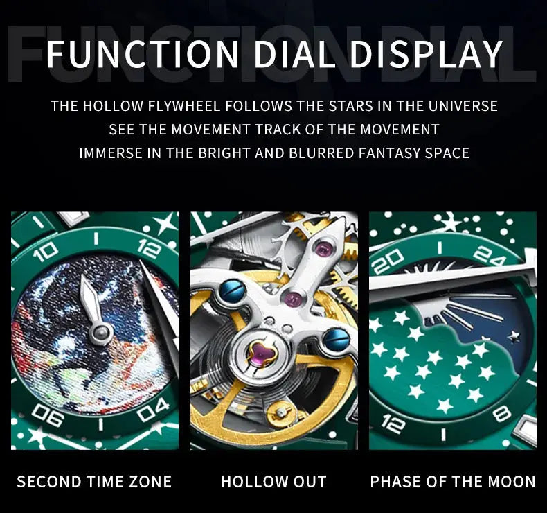 Close-up of OLEVS mechanical watch for men dial showing second time zone hollow out and phase of the moon features