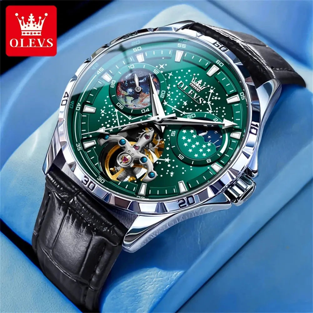 OLEVS mechanical watch for men with green dial, silver case, and black leather strap by Alcom Distribution
