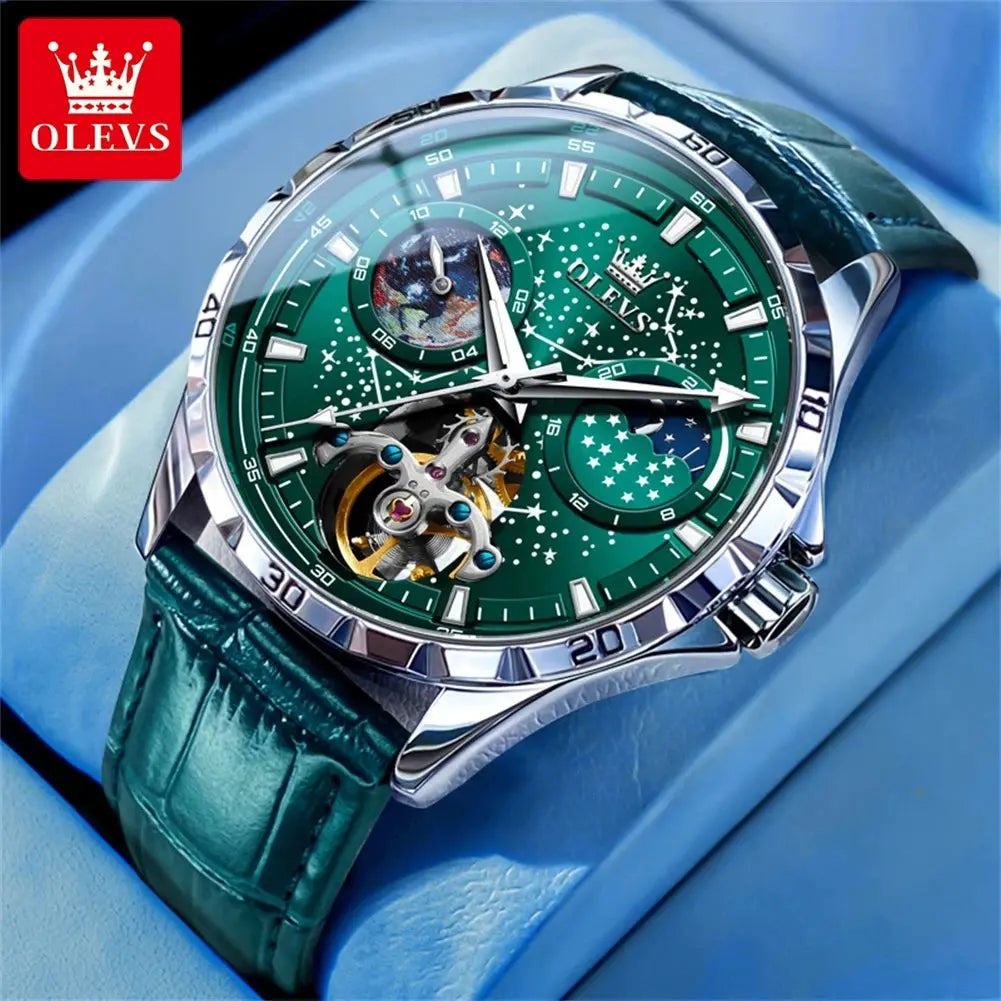 OLEVS mechanical watch for men with green dial, visible gears, and green leather strap by Alcom Distribution