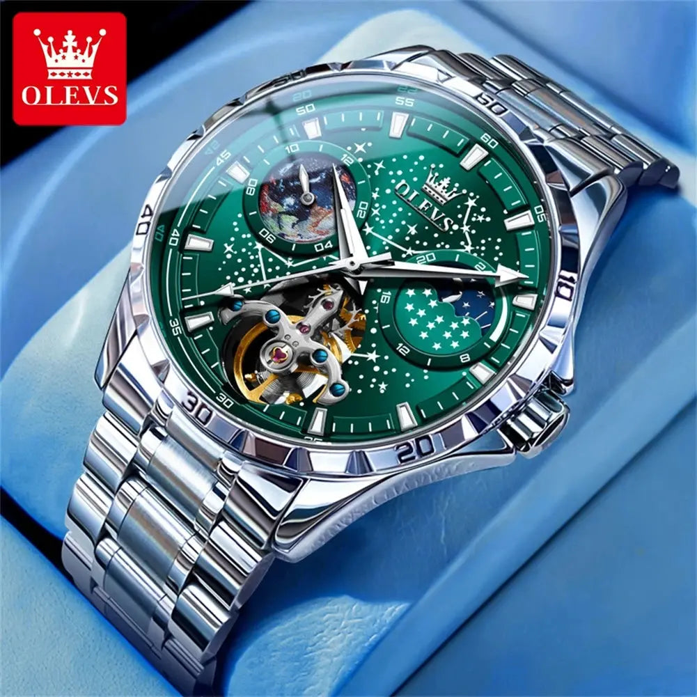 OLEVS mechanical watch for men with green dial silver metal band and exposed gears by Alcom Distribution