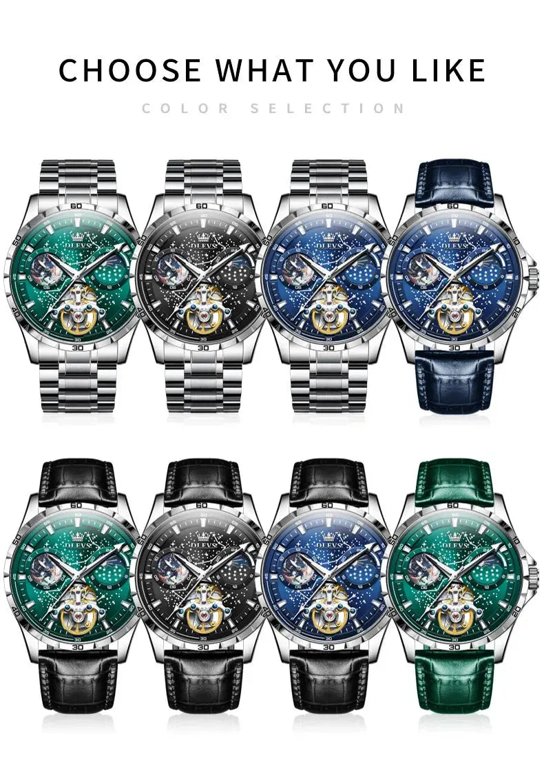 OLEVS mechanical watch for men collection with stainless steel and leather bands in green black and blue colors
