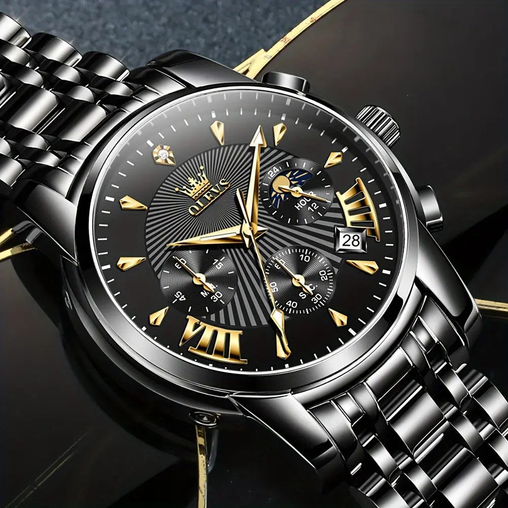 OLEVS waterproof quartz watch with black dial and gold Roman numerals on stainless steel band