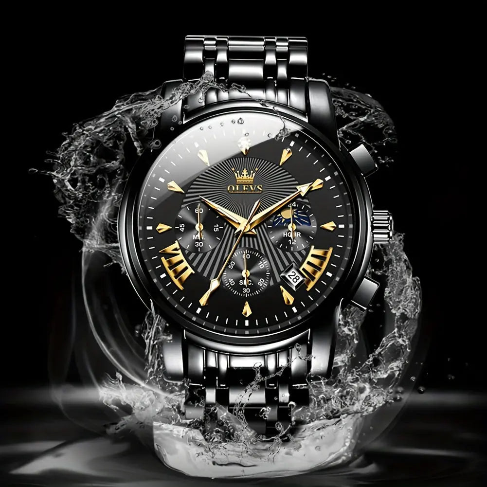 OLEVS waterproof quartz watch with black and gold dial and stainless steel band by Alcom Distribution