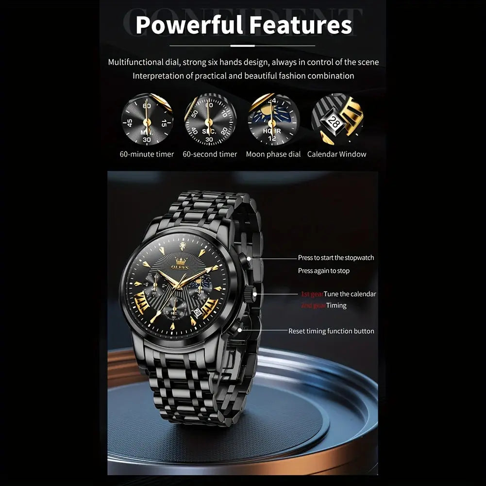 OLEVS waterproof quartz watch with multifunctional dial, 60-minute timer, moon phase dial, and calendar window