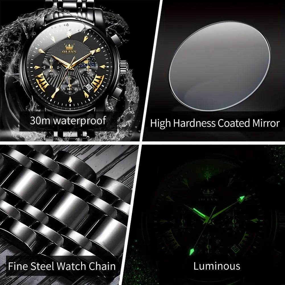 OLEVS waterproof quartz watch with 30m waterproof, high hardness coated mirror, steel chain, and luminous hands