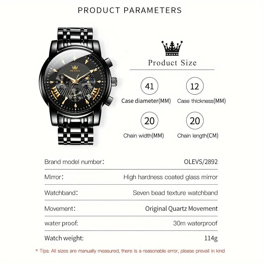 OLEVS waterproof quartz watch with black metal band and gold roman numerals on dial