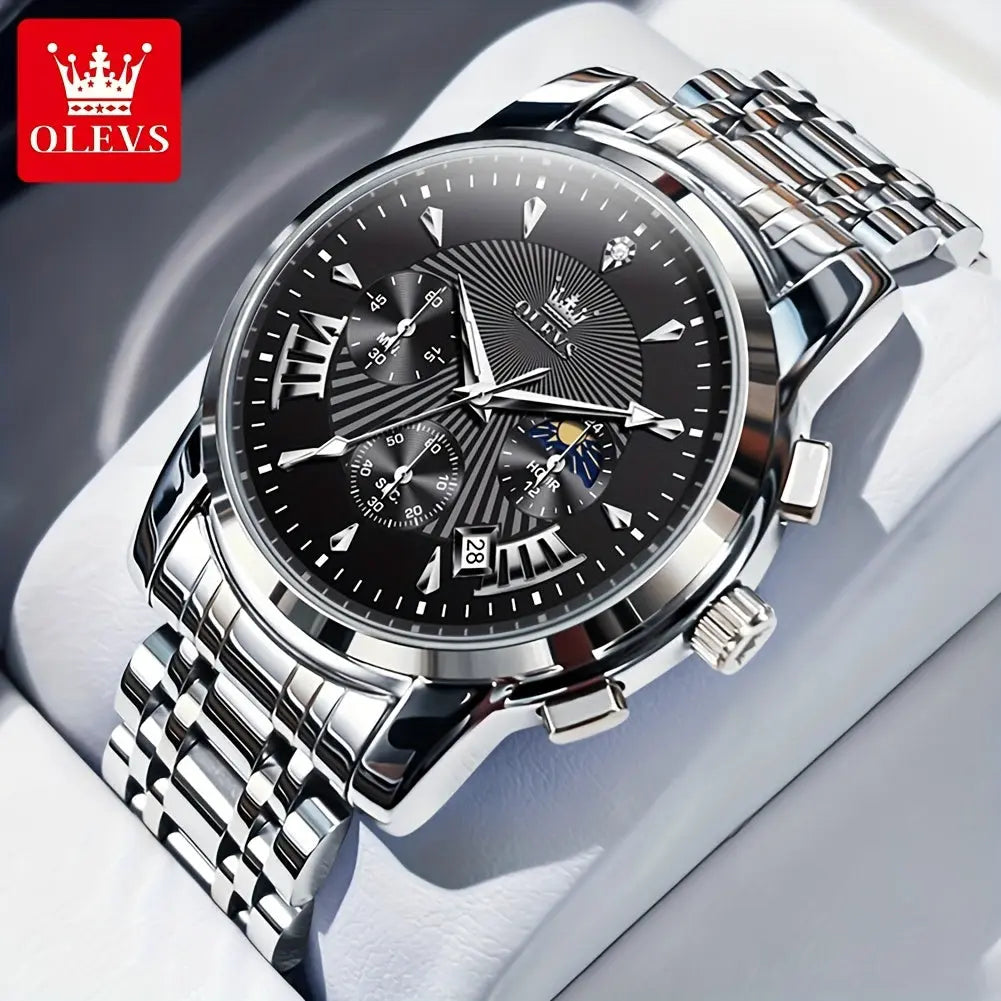 OLEVS waterproof quartz watch with black dial and silver stainless steel band by Alcom Distribution