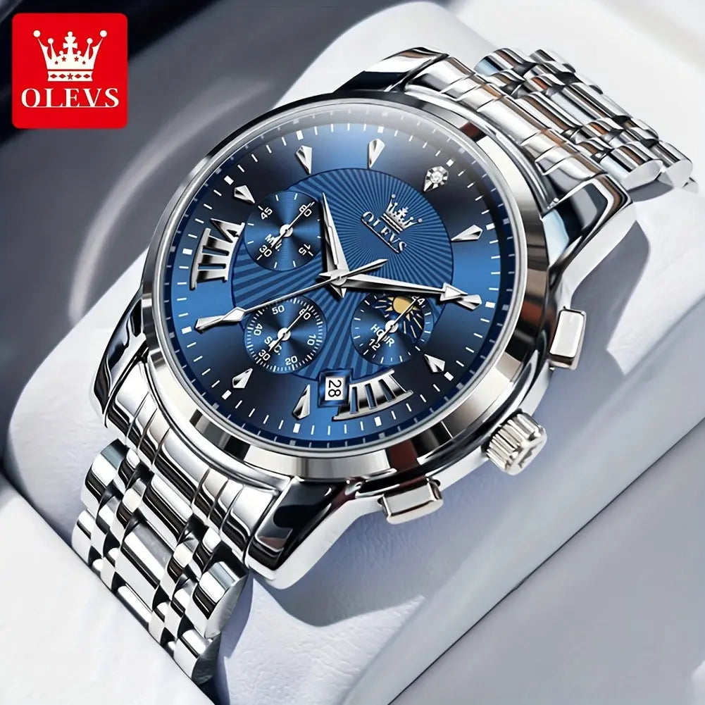 OLEVS waterproof quartz watch with silver metal band and blue dial by Alcom Distribution