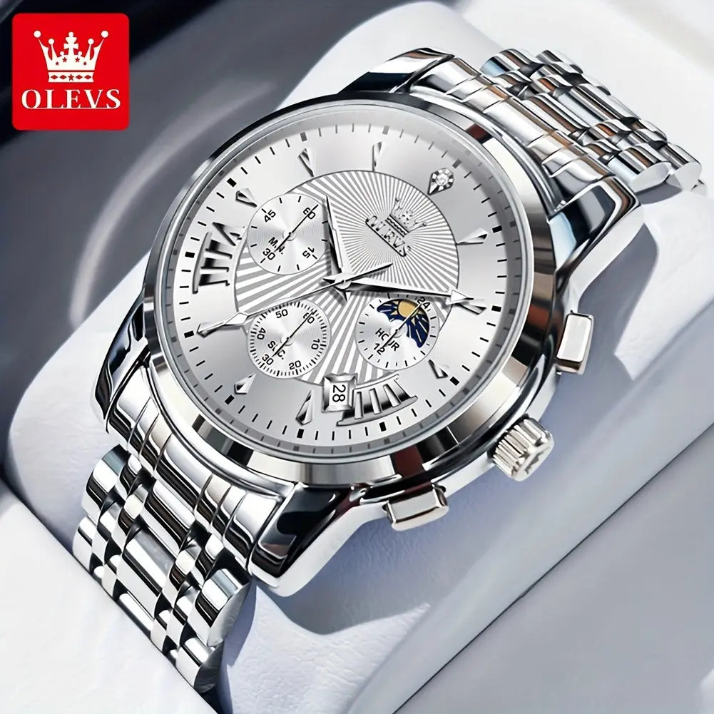 OLEVS waterproof quartz watch with silver stainless steel band and multi-function dial