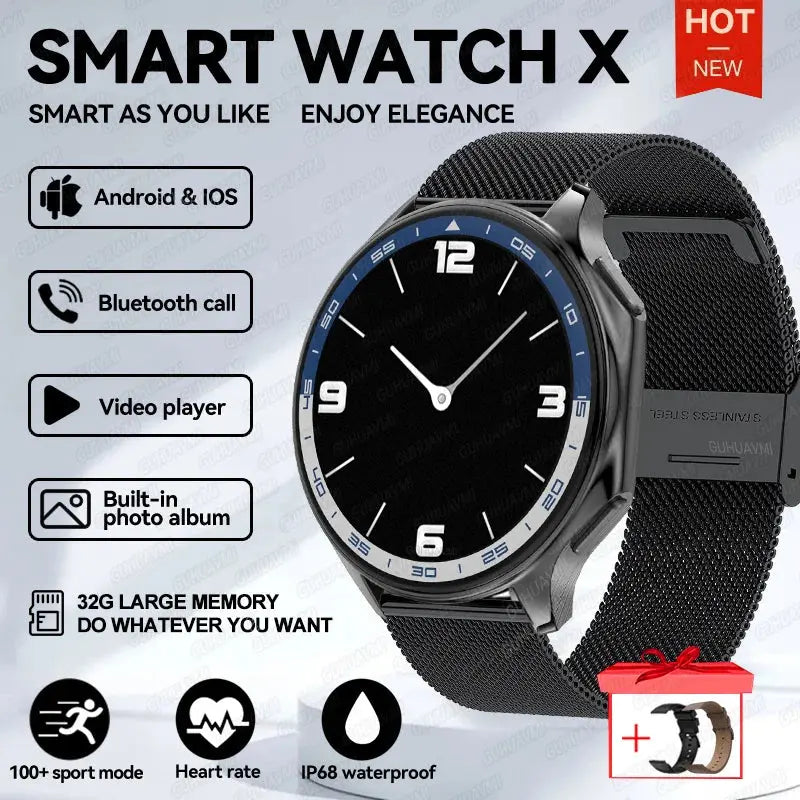 OPPO Watch X AMOLED smartwatch with black mesh band showing analog clock face and key features