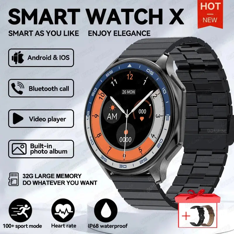 OPPO Watch X AMOLED smartwatch with black metal band, round display, heart rate monitoring, and waterproof design
