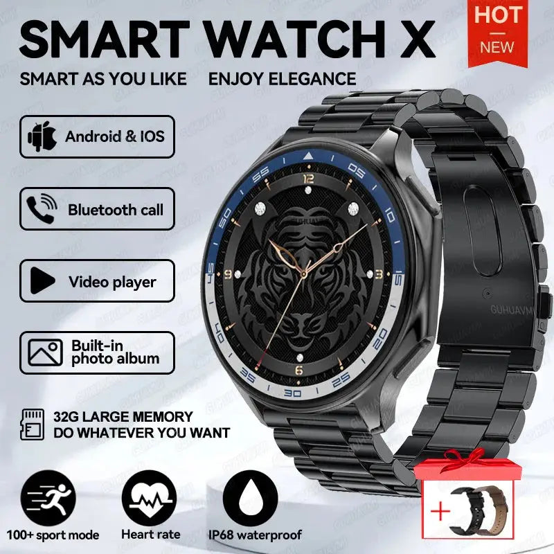 OPPO Watch X AMOLED smartwatch with black metal band showing tiger face dial and sport features