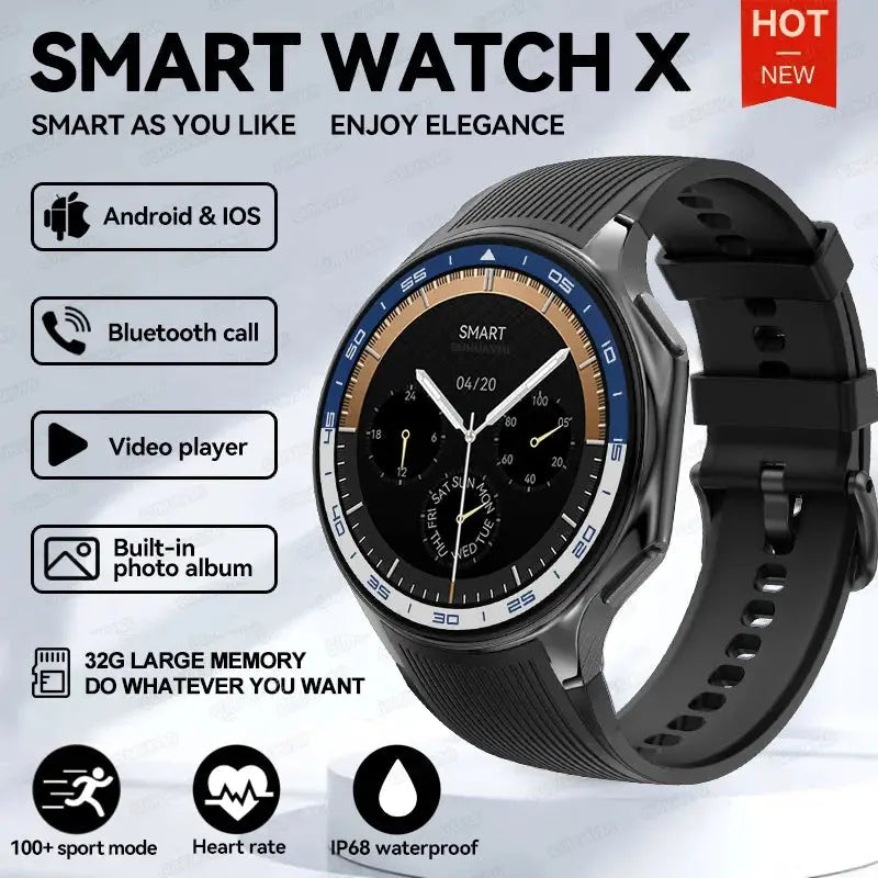 OPPO Watch X AMOLED smartwatch with black strap showing analog clock face and sport features