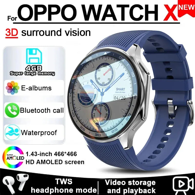 OPPO Watch X AMOLED smartwatch with 1.43-inch HD AMOLED screen and blue strap by Alcom Distribution