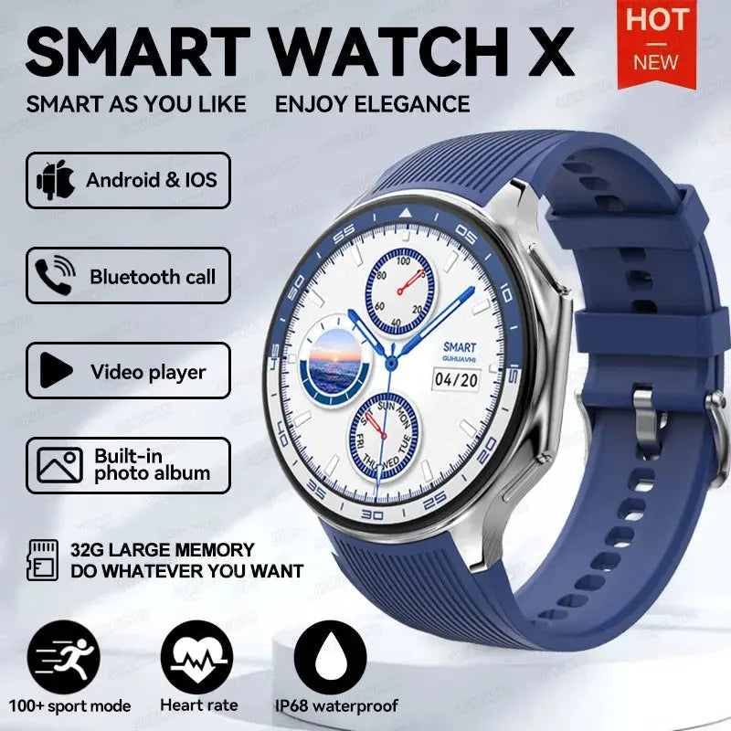 OPPO Watch X AMOLED smartwatch with blue strap and silver case displaying multiple smart features