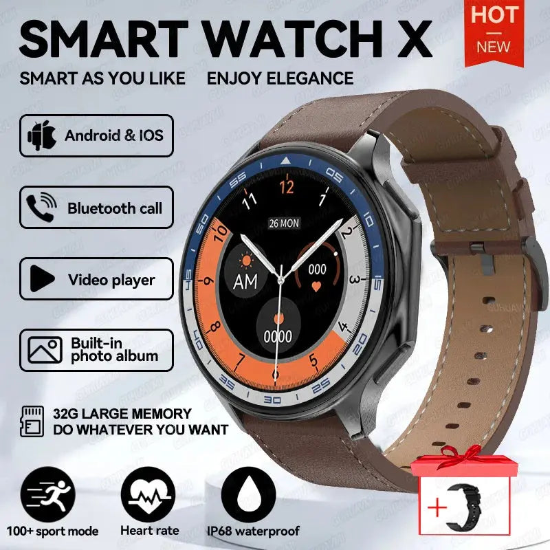 OPPO Watch X AMOLED smartwatch with brown leather strap showing time and health tracking features