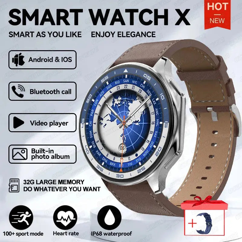 OPPO Watch X AMOLED smartwatch with brown leather strap and world map dial by Alcom Distribution
