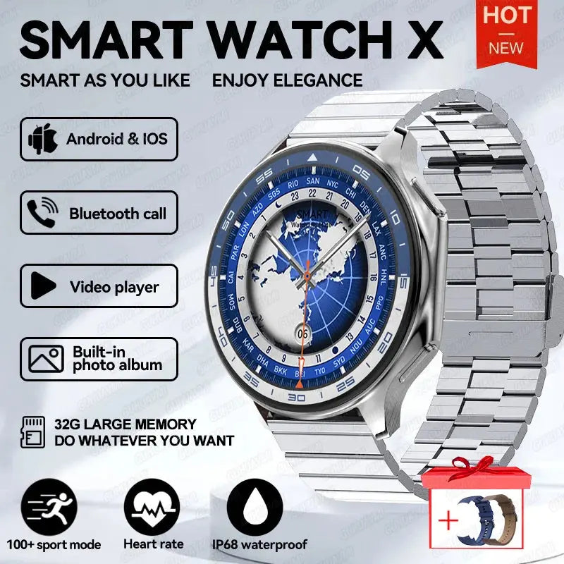 OPPO Watch X AMOLED smartwatch with silver metal band showing world map dial and fitness features