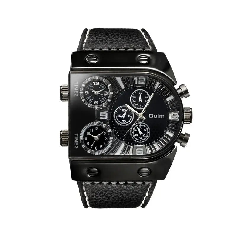 Alcom Distribution luxury multi time zone watch with black leather strap and multiple dials