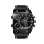 Alcom Distribution luxury multi time zone watch with black leather strap and multiple dials