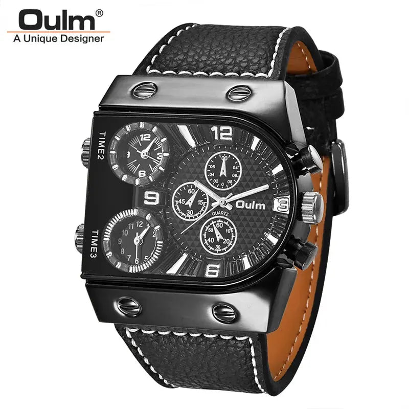 Oulm luxury multi time zone watch with black leather strap and multiple dials by Alcom Distribution