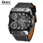 Oulm luxury multi time zone watch with black leather strap and multiple dials by Alcom Distribution