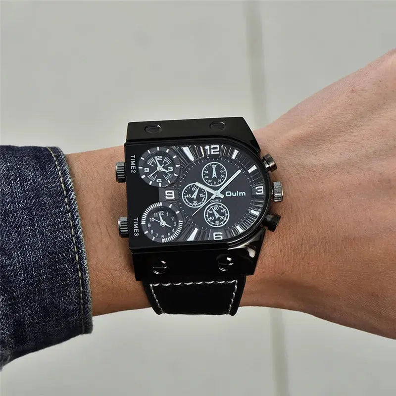 Alcom Distribution luxury multi time zone watch with black dial and leather strap on wrist