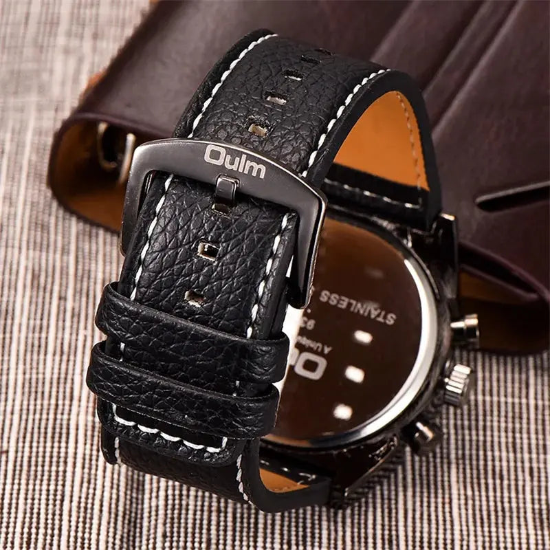 Luxury multi time zone watch with black leather strap and silver buckle by Alcom Distribution