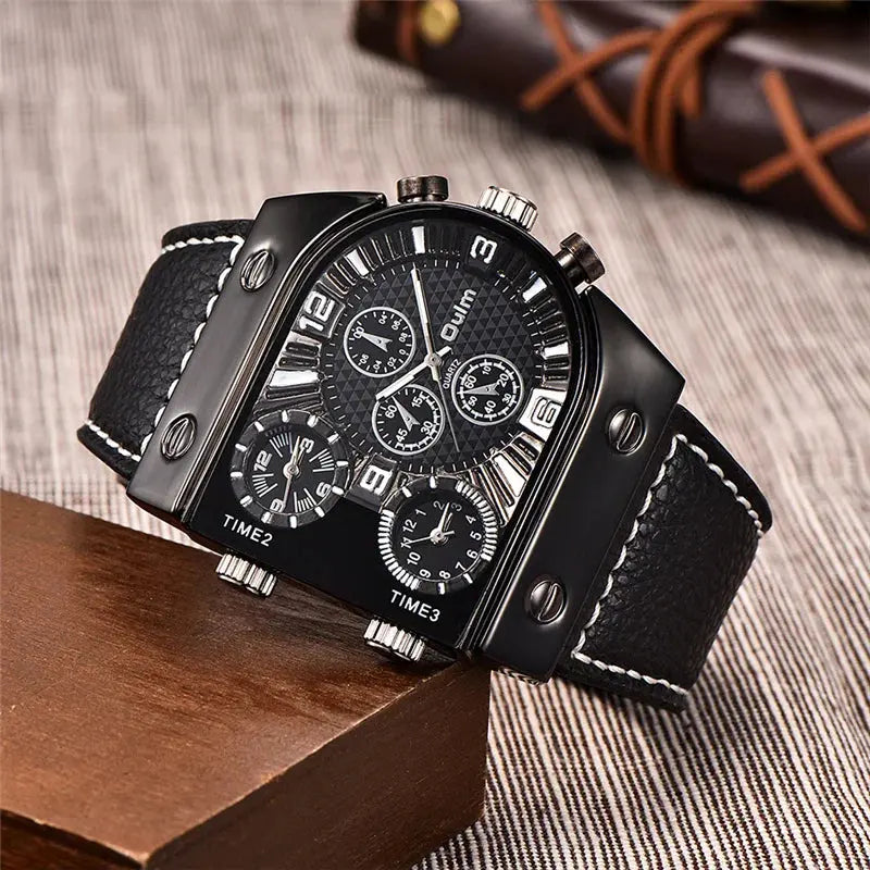 Luxury multi time zone watch by Alcom Distribution with black leather strap and multiple dials