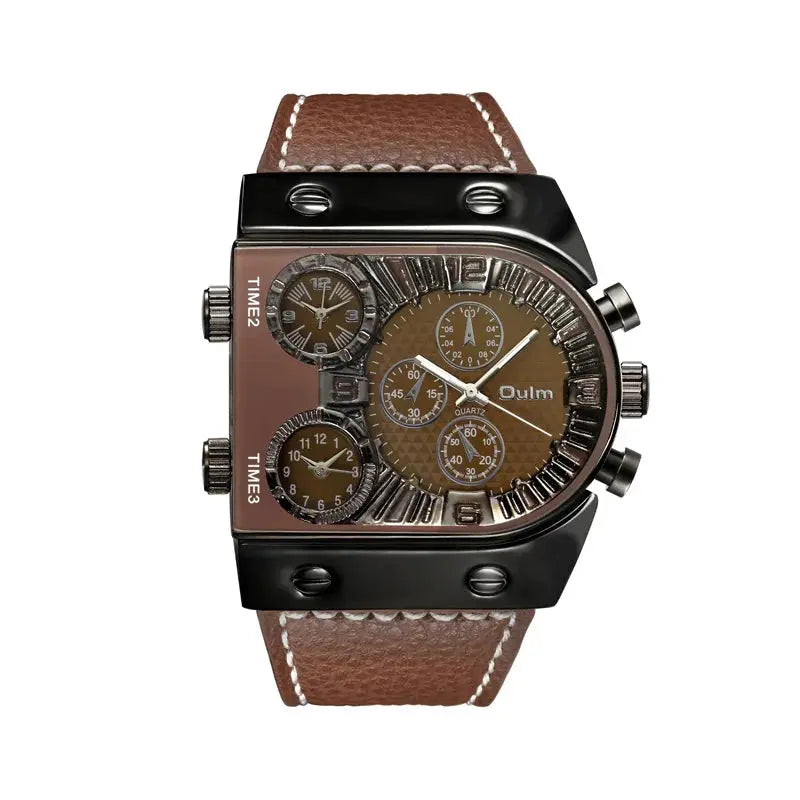 Alcom Distribution luxury multi time zone watch with brown leather strap and black metal case