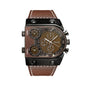 Alcom Distribution luxury multi time zone watch with brown leather strap and black metal case