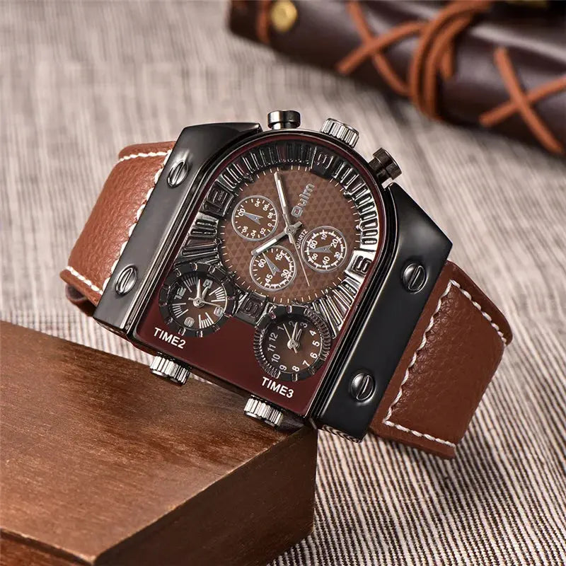 Luxury multi time zone watch with brown leather strap and multiple dials by Alcom Distribution